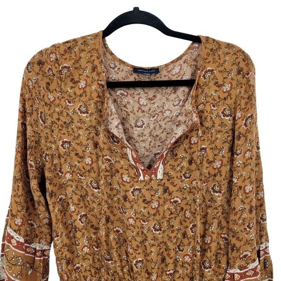 American Eagle Long Sleeve Dress Size Large Long Rust Floral Smocked Mini Boho - Picture 5 of 12